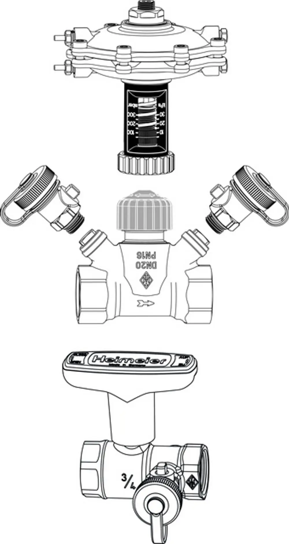 Mehrteiliger Druckregler mit verschiedenen Anschlüssen, Entleerungseinrichtung und Skala zur Druckmessung von IMI Hydronic Engineering.